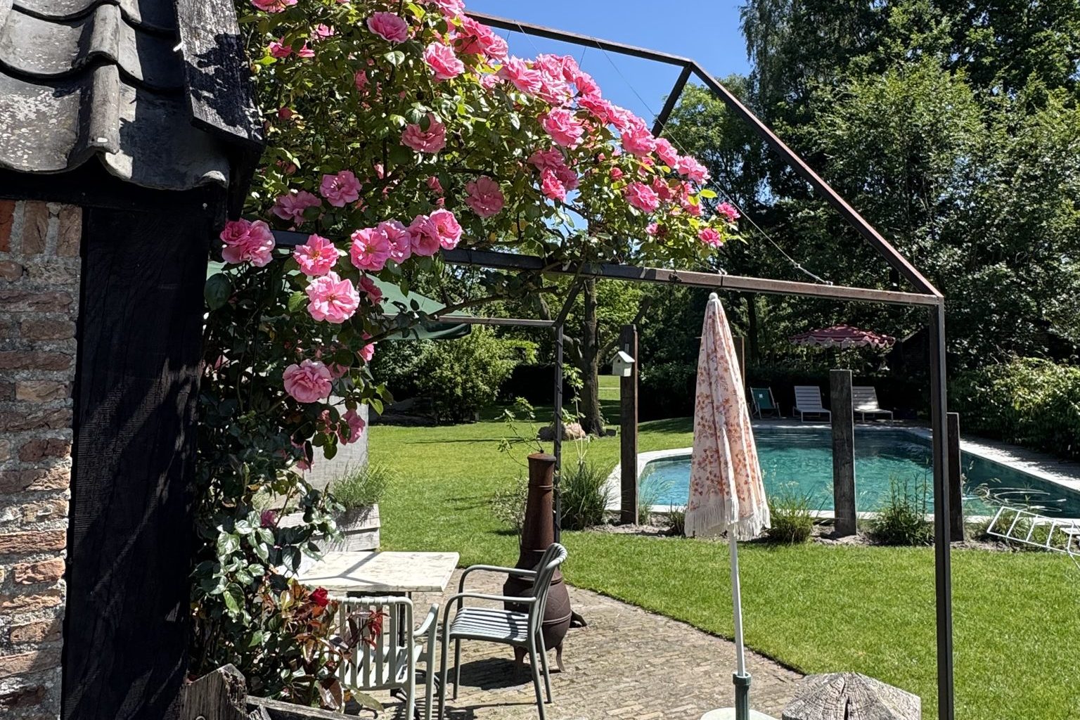 Des rosiers grimpants roses bordent la terrasse de la boulangerie avec vue sur la piscine.